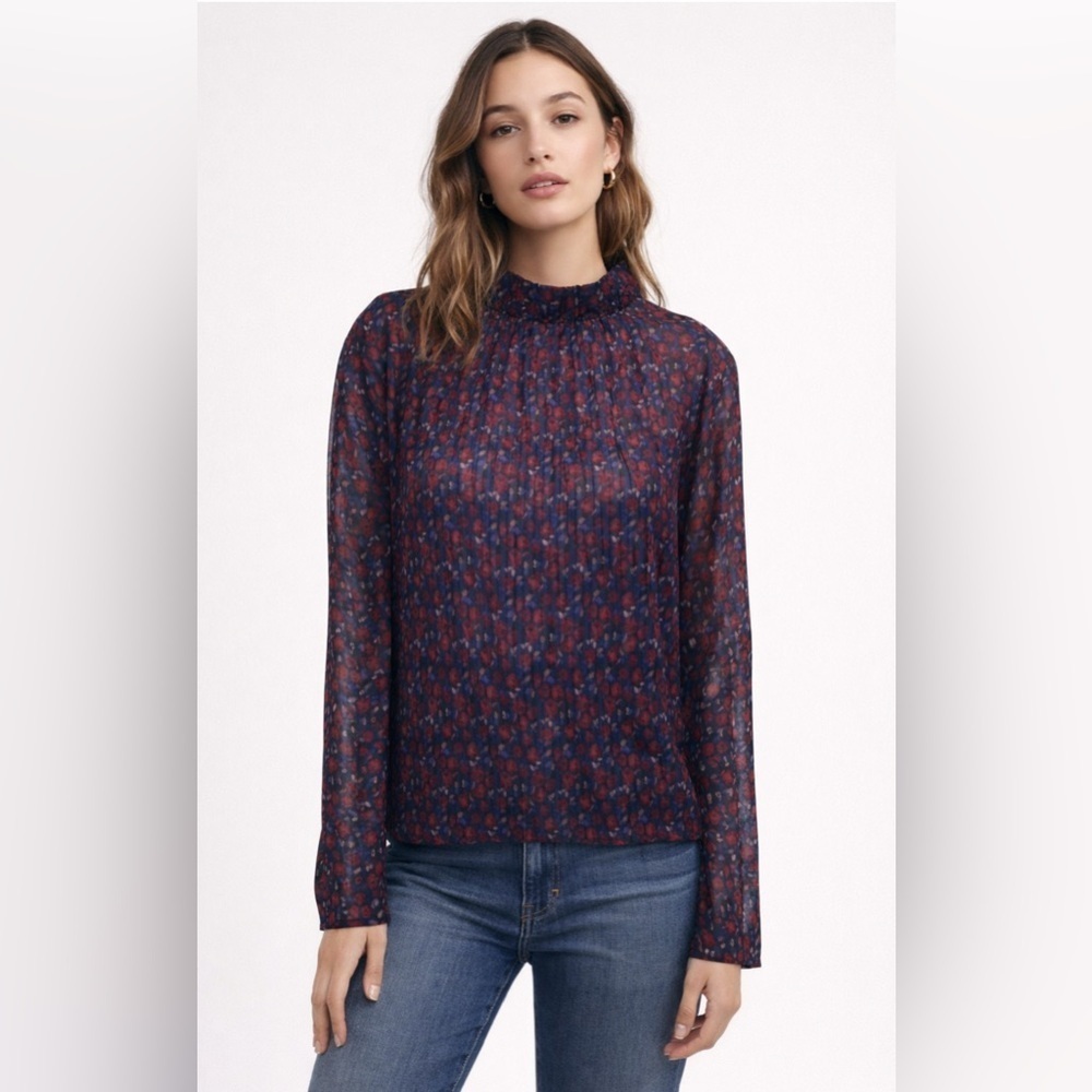 SANDRO Women Blue Red Floral Blouse Top Size Small Peasant Boho Cottage Coastal